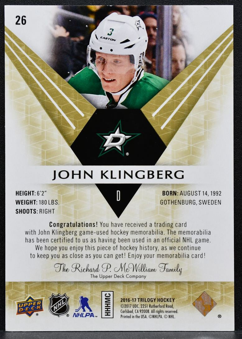 2016-17 UD Trilogy Green Career Stat Relics Rainbow Foil Klingberg Jersey 0864