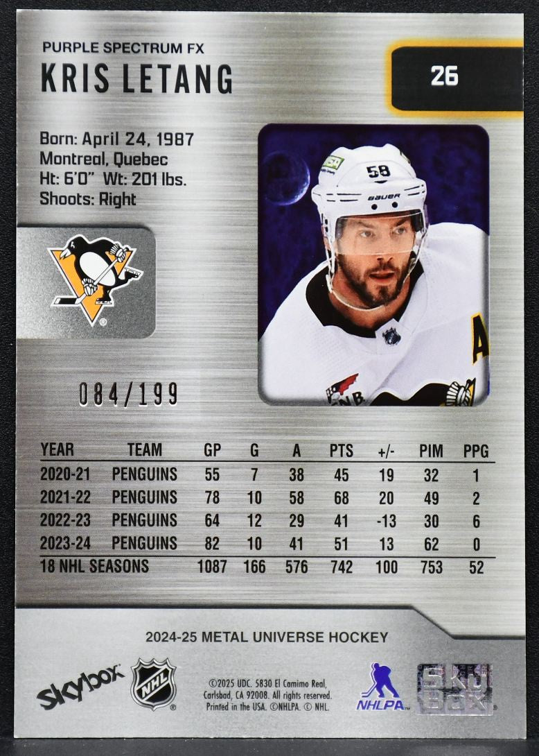 2024-25 SkyBox Metal Universe Purple Spectrum FX Kris Letang 26 Penguins /199 1152