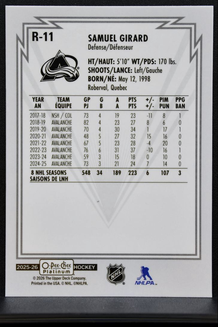 2025-26 O Pee Chee Platinum Retro Samuel Girard R-11 Colorado Avalanche 7702