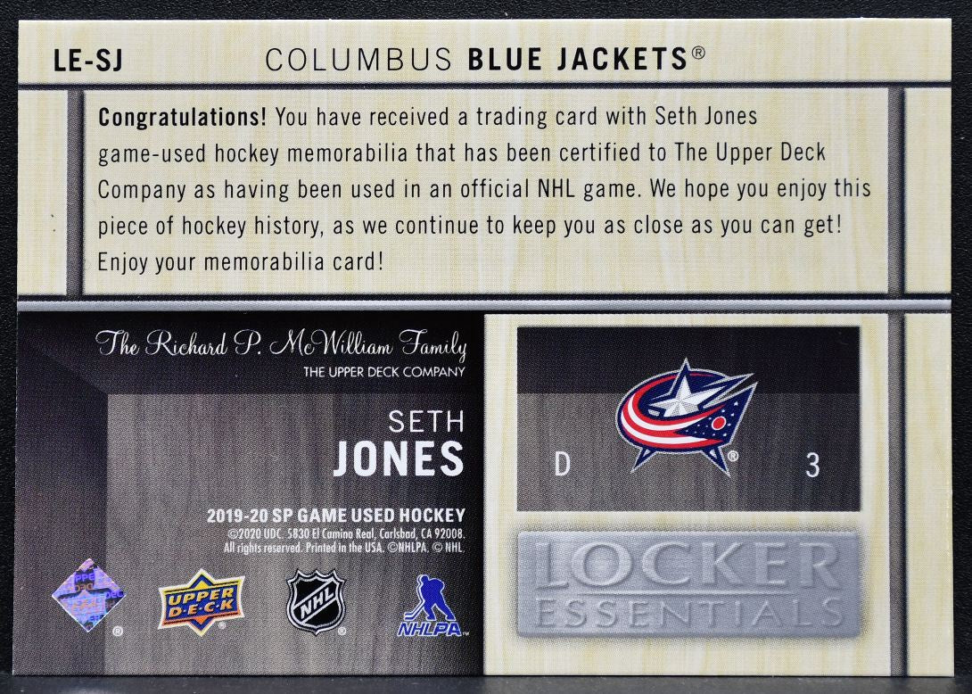 2019-20 SP Game Used Locker Essentials Seth Jones LE-SJ Blue Jackets Jersey 8436