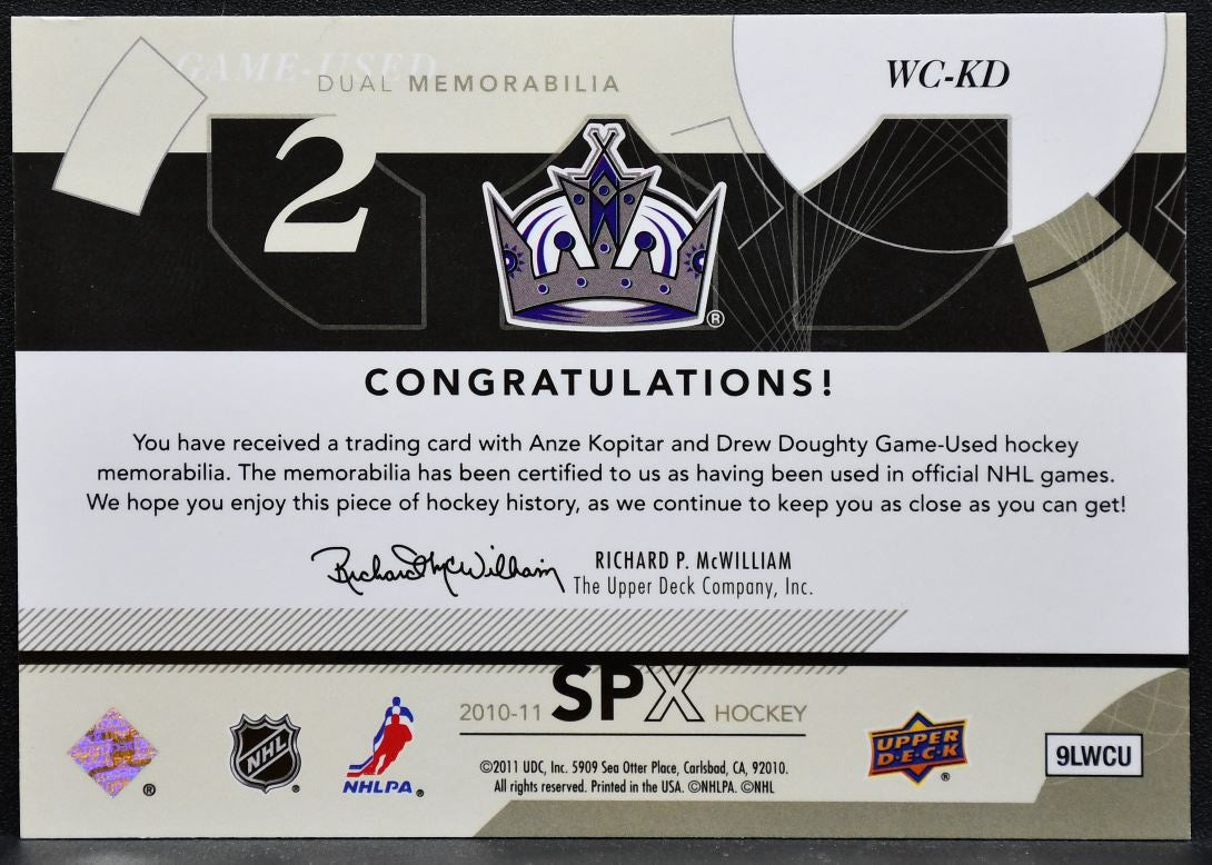 2010-11 SPx Winning Combos Anze Kopitar/Drew Doughty WC-KD Kings Jersey 5864