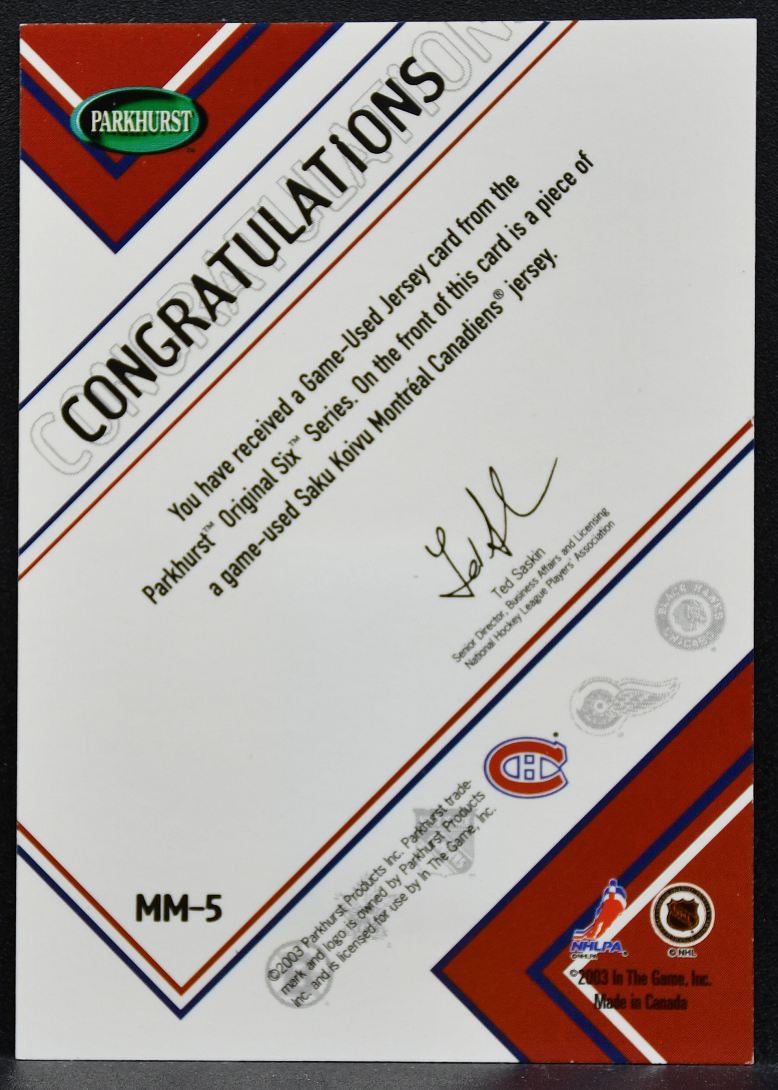 2003-04 Parkhurst Original Six Montreal Memorabilia Saku Koivu Jersey 9745