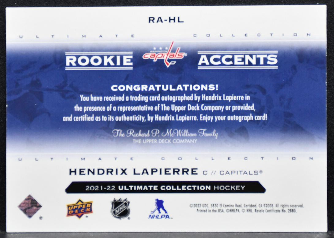 2021-22 UD Ultimate Collection Rookie Accents Lapierre RC Auto 23/99 6945