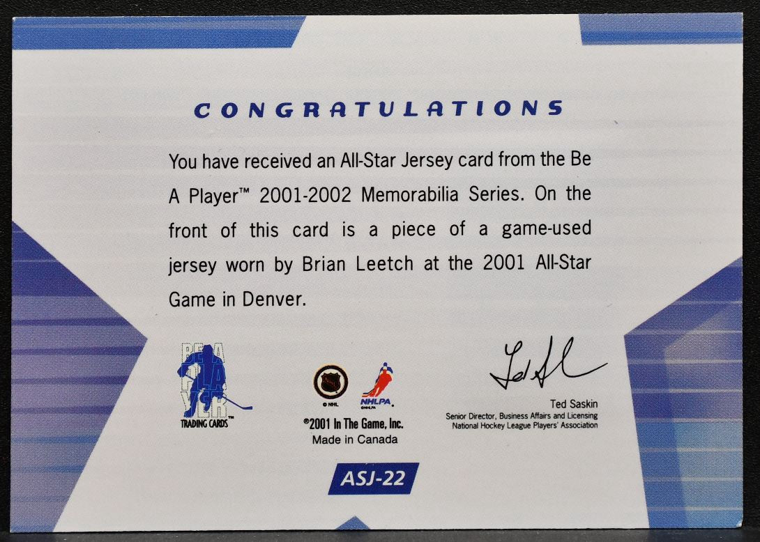 2001-02 Be a Player Memorabilia All-Star Jersey Brian Leetch ASJ-22 Jersey 4862