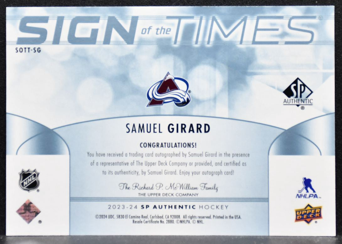 2023-24 SP Authentic Sign of the Times Samuel Girard SOTT-SG Avalanche Auto 7027