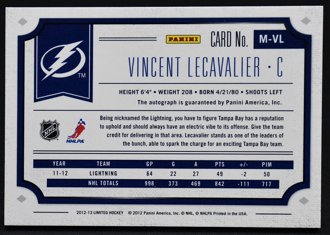 2012-13 Panini Limited Monikers Vincent Lecavalier M-VL Auto 17/25 Patch