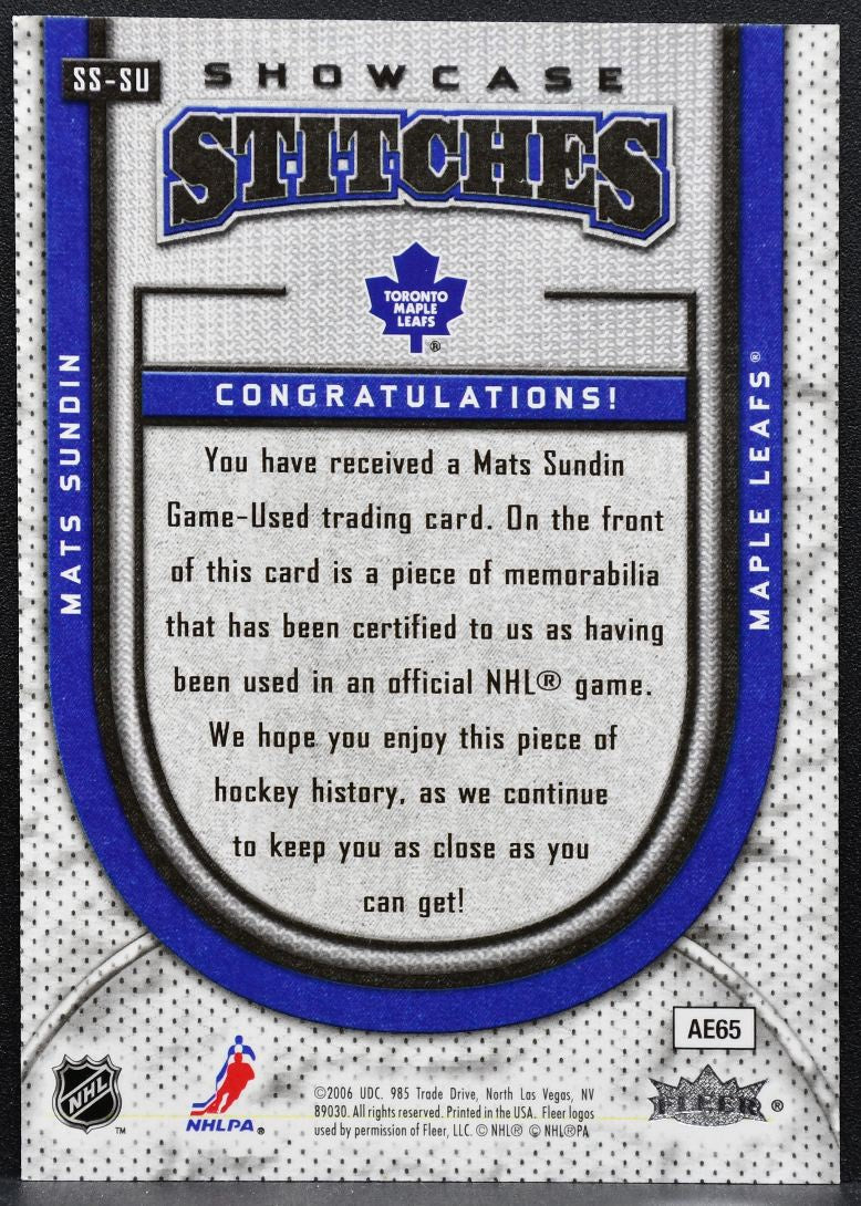 2005-06 Flair Showcase Stitches Mats Sundin SS-SU Maple Leafs Jersey 3896