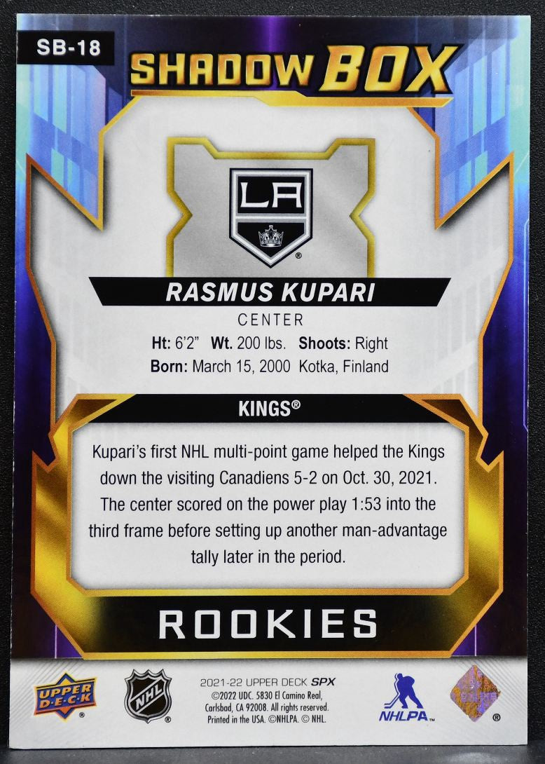 2021-22 SPx Shadow Box Rookies Rasmus Kupari SB-18 Los Angeles Kings RC 0436