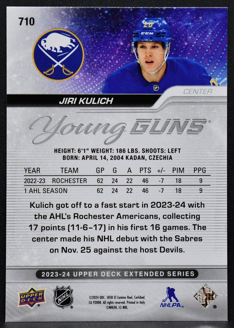 2023-24 UD Extended Series Young Guns Outburst Jiri Kulich 710 Buffalo Sabres RC 8358