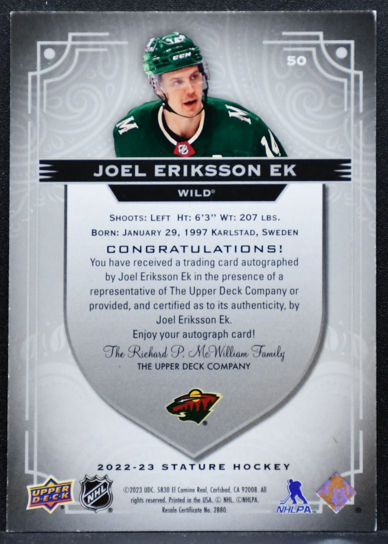 2022-23 Upper Deck Stature Auto Joel Eriksson Ek 50 Minnesota Wild Auto 6662