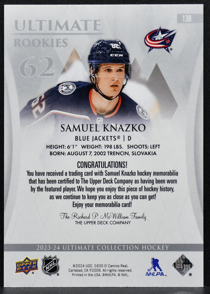 2023-24 UD Ultimate Collection Jersey Rookies Samuel Knazko RC Jersey 0169