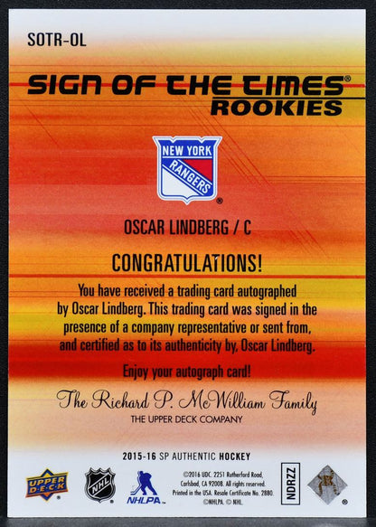 2015-16 SP Authentic Sign Times RC Lindberg SOTR-OL Rangers RC Auto 196/199 1233