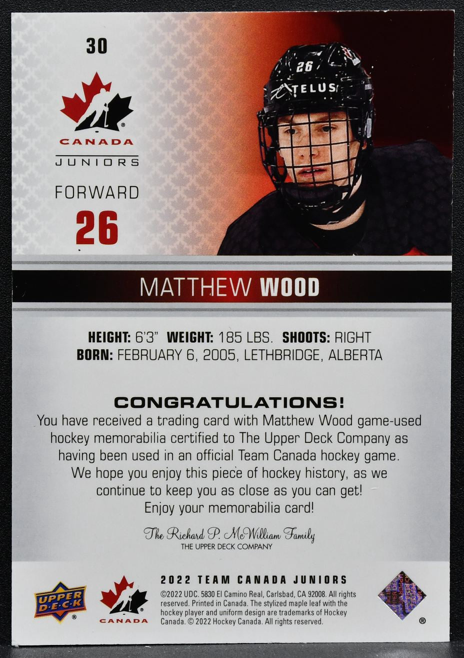 2022-23 Upper Deck Team Canada Juniors Jersey Matthew Wood 30 Canada Jersey 3574