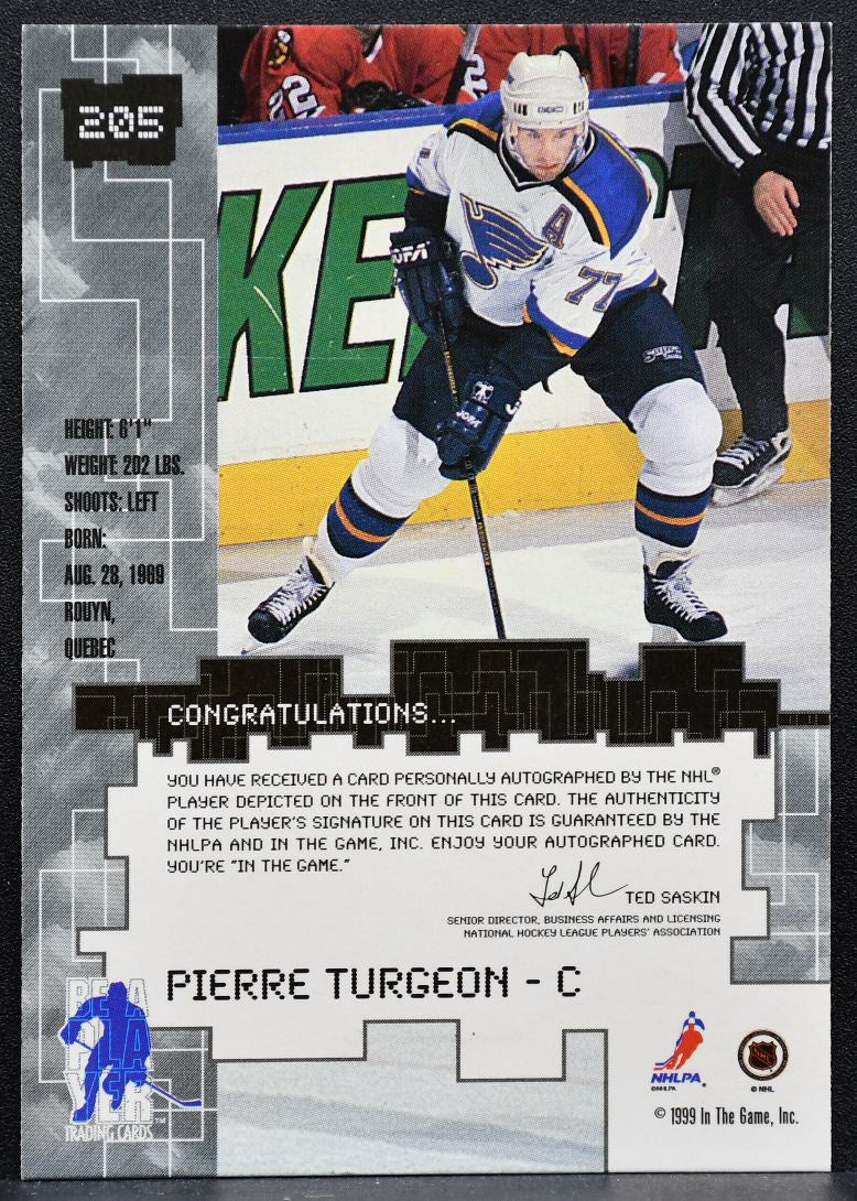 1999-100 In The Game Millennium Signature Series Pierre Turgeon Blues Auto 7736