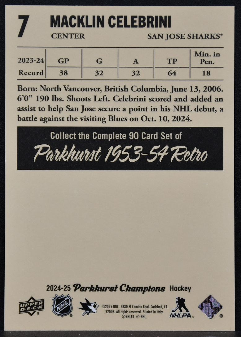 2024-25 Parkhurst Champions Retros Macklin Celebrini 7 San Jose Sharks RC 1937