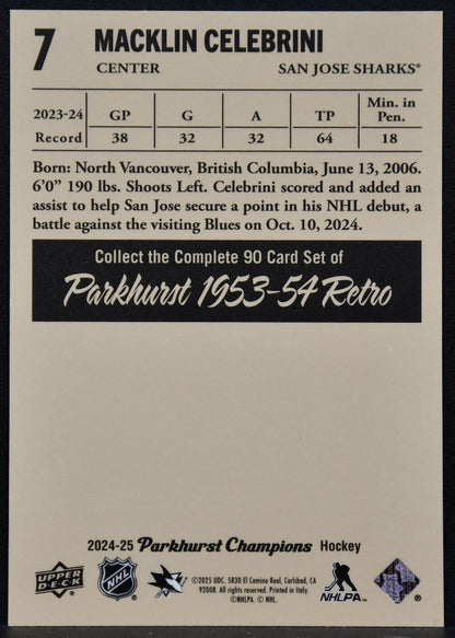 2024-25 Parkhurst Champions Retros Macklin Celebrini 7 San Jose Sharks RC 1937