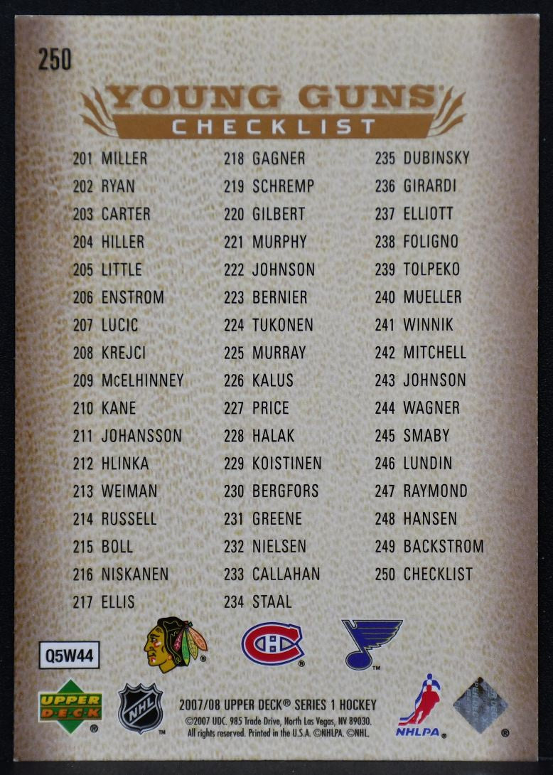 07-08 UD Young Guns Checklist Patrick Kane/Carey Price/Erik Johnson RC 5838