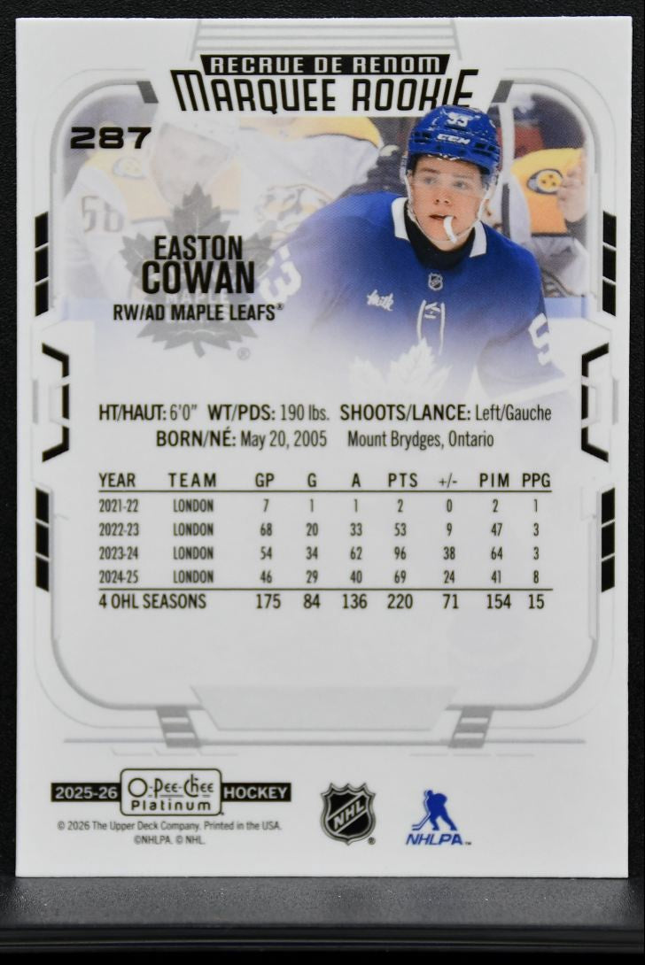 2025-26 O-Pee-Chee Platinum Marquee Rookie Easton Cowan 287 Maple Leafs RC 8884