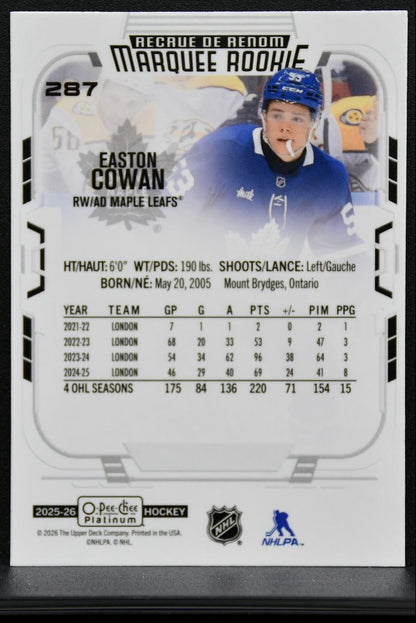 2025-26 O-Pee-Chee Platinum Marquee Rookie Easton Cowan 287 Maple Leafs RC 8884