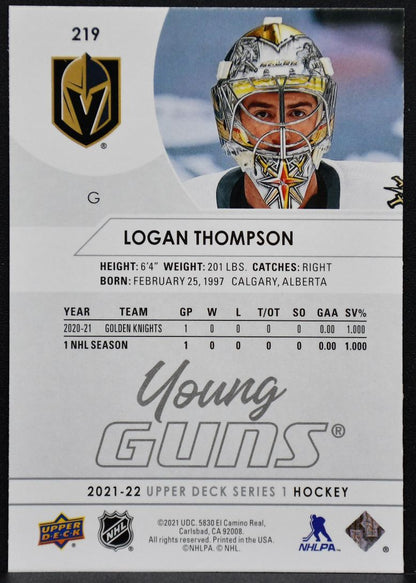 2021-22 UD Series 1 Young Guns Logan Thompson 219 Vegas Golden Knights RC 5982