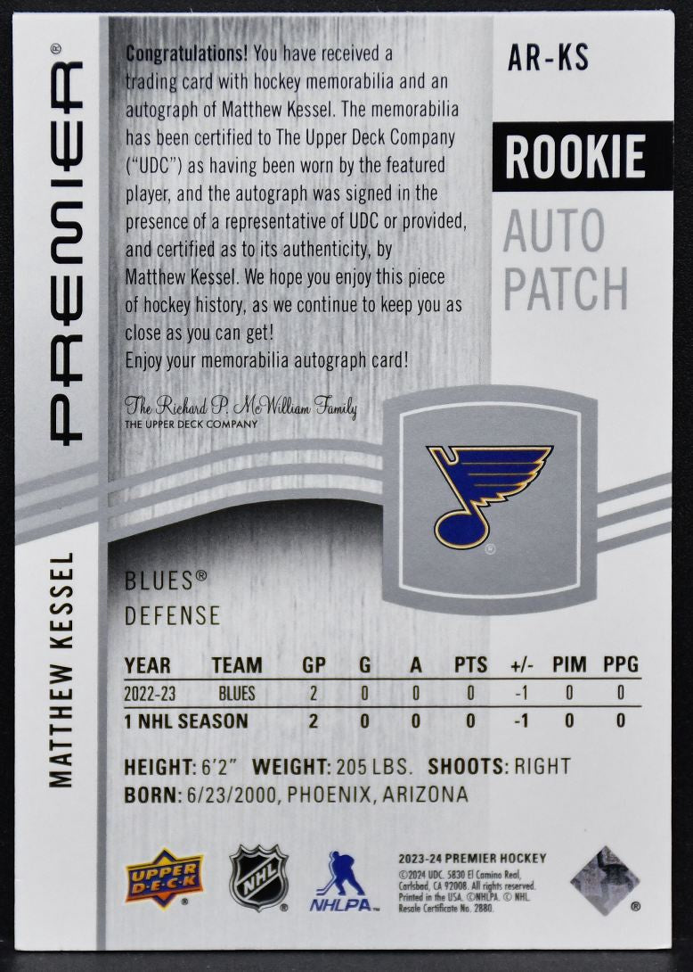 23-24 UD Premier Acetate Rookie Auto Patch Kessel AR-KS Blues /249 Patch 4986