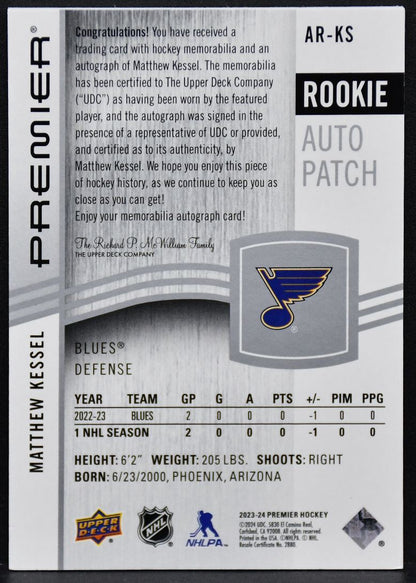 23-24 UD Premier Acetate Rookie Auto Patch Kessel AR-KS Blues /249 Patch 4986