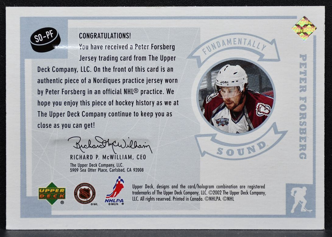 2002-03 UD Vintage Fundamentally Sound Jerseys Peter Forsberg Jersey 8438