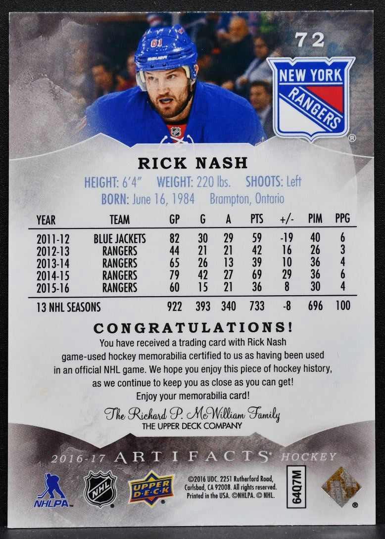 2016-17 UD Artifacts Materials Silver Rick Nash 72 Rangers 050/125 Jersey 4737