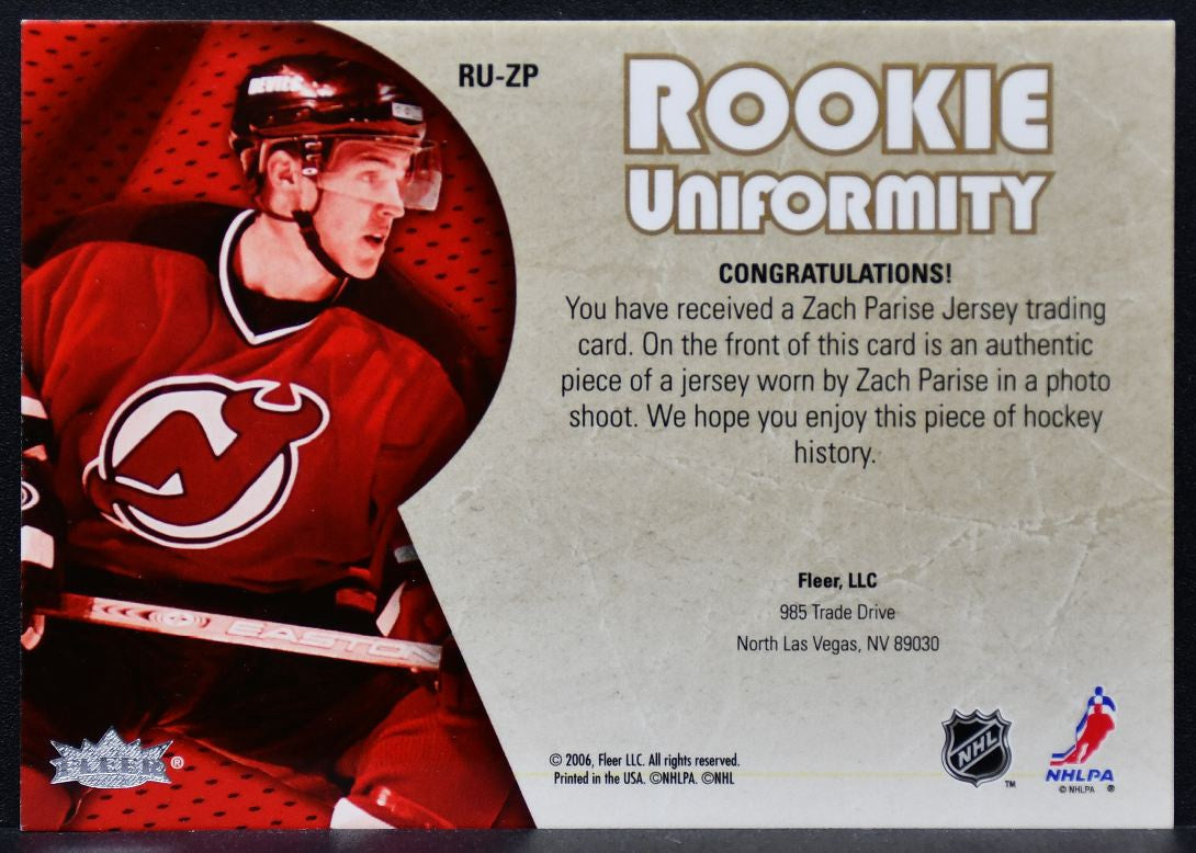 2006-07 Ultra Fleer Rookie Uniformity Jerseys Zach Parise RU-ZP RC Jersey 8388