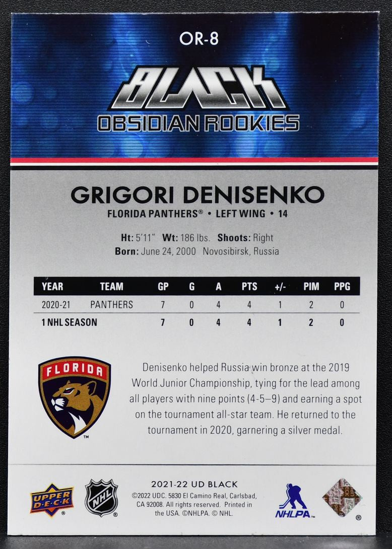 2021-22 UD Black Obsidian RC Grigori Denisenko OR-8 Florida Panthers RC 30/99 8168