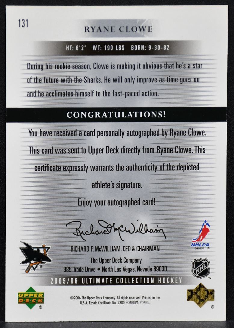 2005-06 UD Ultimate Collection Rookies Signatures Ryane Clowe 131 RC Auto /399