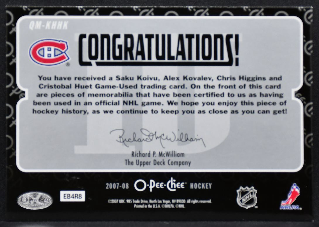 2007-08 OPC Quad Jerseys Koivu/Huet/Higgins/Kovalev Jersey 8333