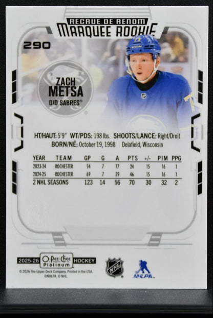 2025-26 O-Pee-Chee Marquee Rookie Zach Metsa 290 Buffalo Sabres RC 0221
