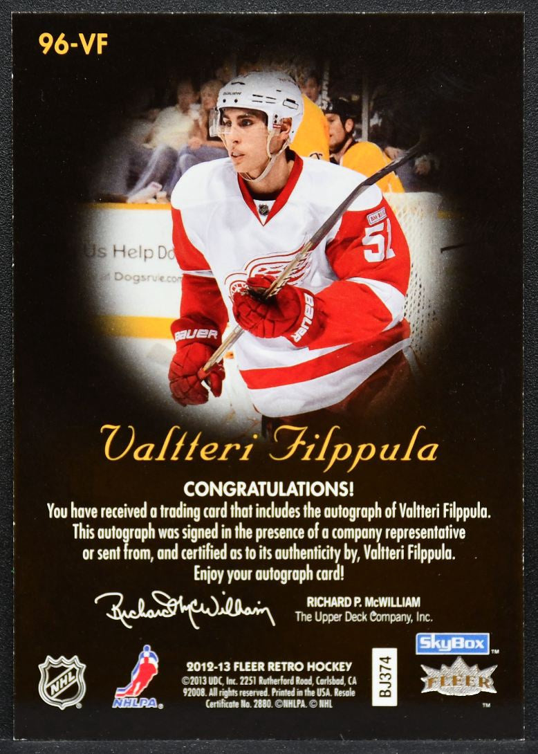2012-13 Fleer Retro Auto 1996 Valtteri Filppula 96-VF Red Wings Auto 1677