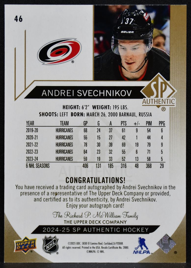 2024-25 SP Authentic Mystery Black Parallel Svechnikov 46 Hurricanes Auto 4531