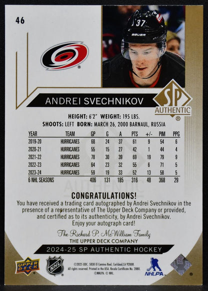 2024-25 SP Authentic Mystery Black Parallel Svechnikov 46 Hurricanes Auto 4531