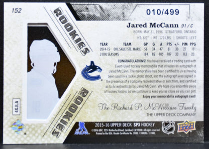 2015-16 SPx Rookie Jersey Patch Jared McCann Canucks RC Auto 010/499 Jersey 8734