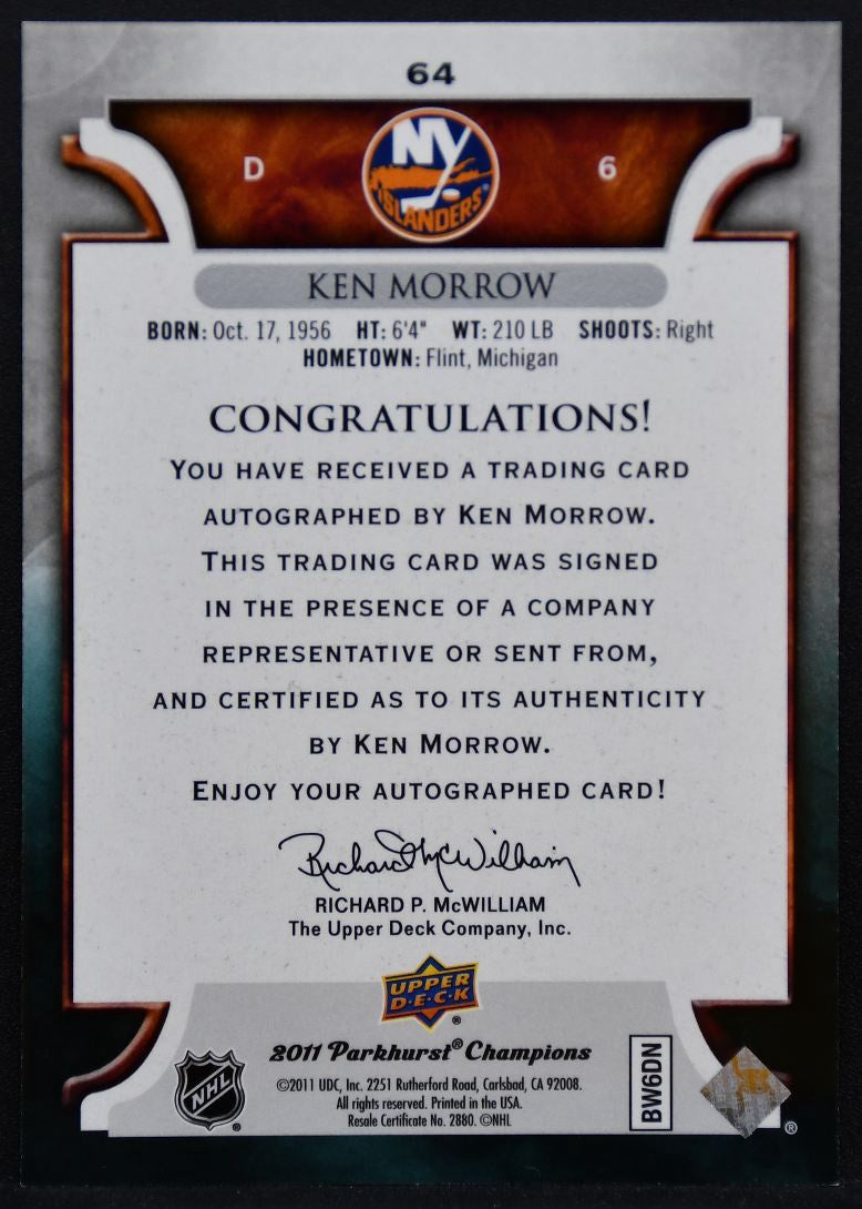 2011-12 Parkhurst Champions Autographs Ken Morrow 64 Islanders Auto 9062