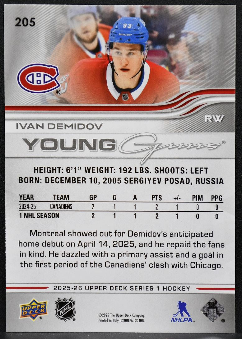 2025-26 Upper Deck Series 1 Young Guns Ivan Demidov 205 RC 2026
