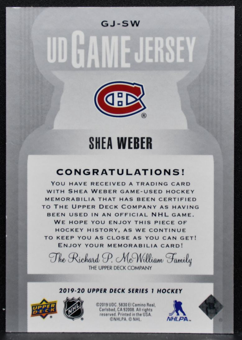 2019-20 Upper Deck Series 1 UD Game Jerseys Shea Weber Canadiens Jersey 3593