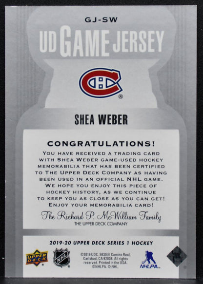 2019-20 Upper Deck Series 1 UD Game Jerseys Shea Weber Canadiens Jersey 3593