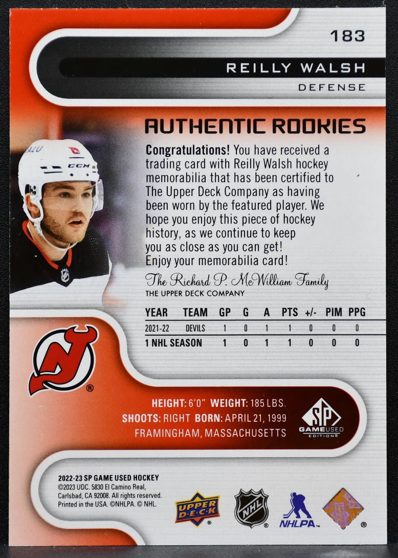 2022-23 SP Game Used Red Jersey Reilly Walsh 183 Devils RC Jersey 2607