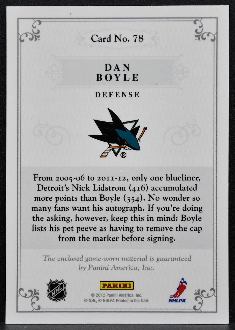 2011-12 Panini Dominion Jersey Dan Boyle 78 San Jose Sharks Jersey 4114