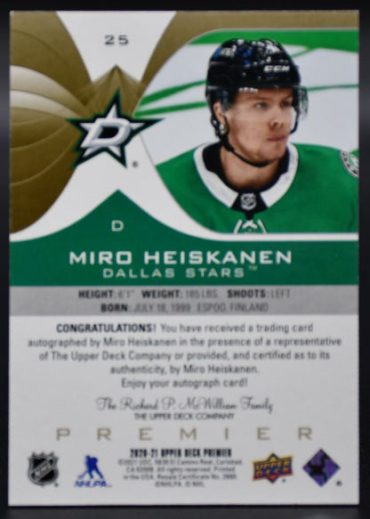 2020-21 UD Premier Miro Heiskanen 25 Dallas Stars Auto 01/25