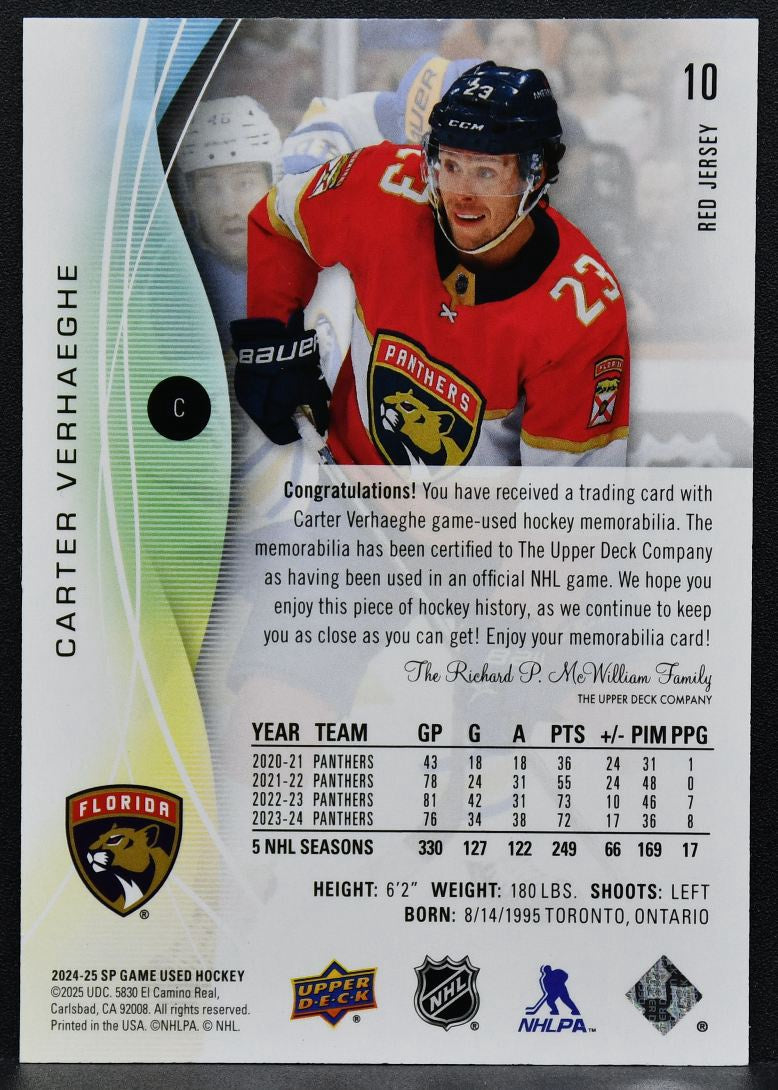2024-25 SP Game Used Red Jersey Carter Verhaeghe 10 Florida Panthers Jersey 3261
