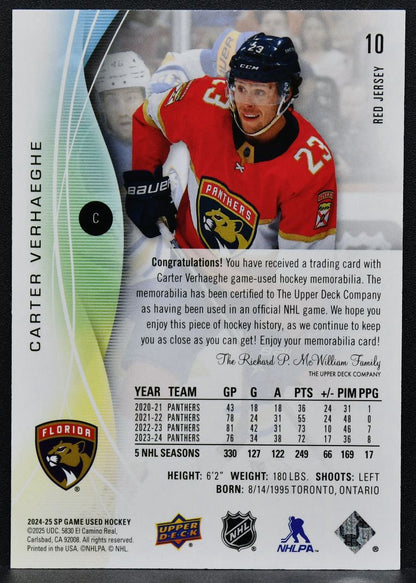 2024-25 SP Game Used Red Jersey Carter Verhaeghe 10 Florida Panthers Jersey 3261