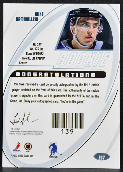 2002-03 In The Game Signature Rookie Auto Mike Cammalleri 197 Kings RC Auto 9079