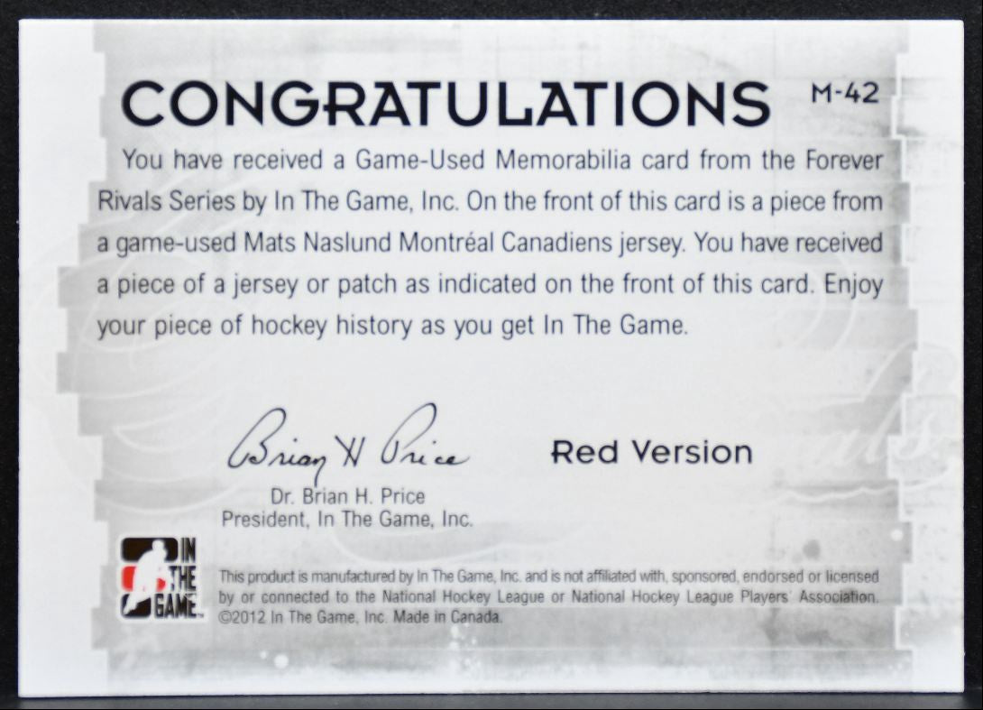 2012-13 In The Game Forever Rivals Used Jerseys Red Naslund Jersey 5180