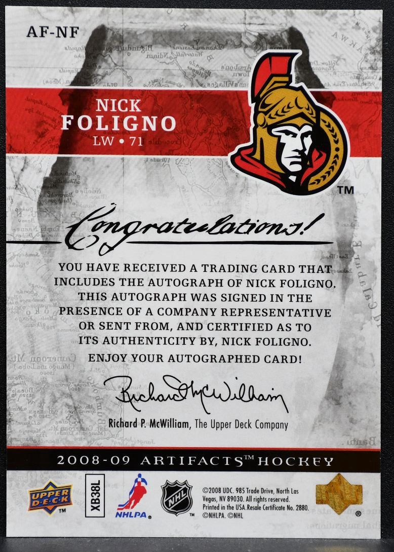 2008-09 Upper Deck Artifacts Auto-Facts Nick Foligno AF-NF Senators Auto 9365