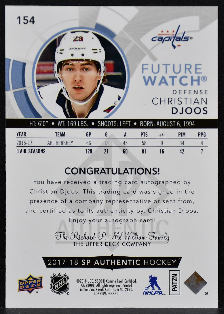 2017-18 SP Authentic Future Watch Djoos 154 Capitals RC Auto 910/999 6436